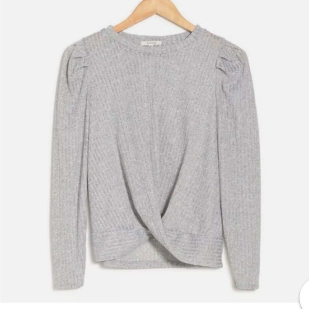 PLEIONE‎ (Nordstrom) Puff Sleeve Ribbed Front Twist LS Top Gray Sz Med
